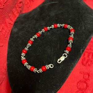 Vintage dainty silver and red beads bracelet 7.5”